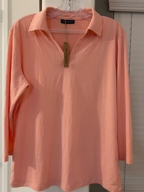 NWT ORANDESIGNE Peach/Coral Collared V-Neck collard Blouse top sz L cotton/poly